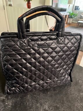 MZ WALLACE Quilted Nylon Tote in Black with Tan Trim